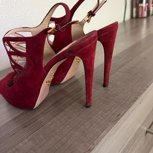 PRADA 26S HIGH HEEL SANDALS 85MM IN BURGUNDY RED SUEDE WITH BOW